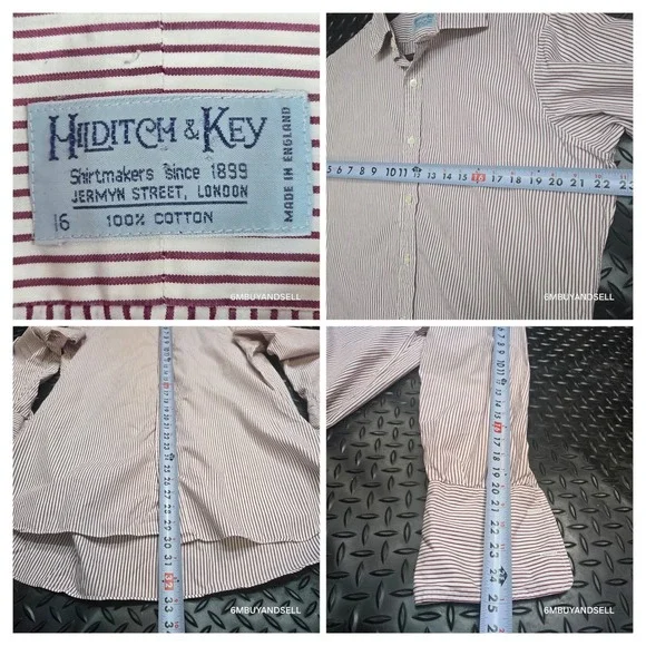 Hilditch & Key Mens Dress Shirt 16 Burgundy White Stripe French Cuff England - Picture 7 of 13